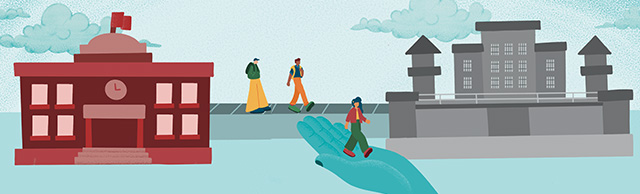 drawing of kids walking to prison from school